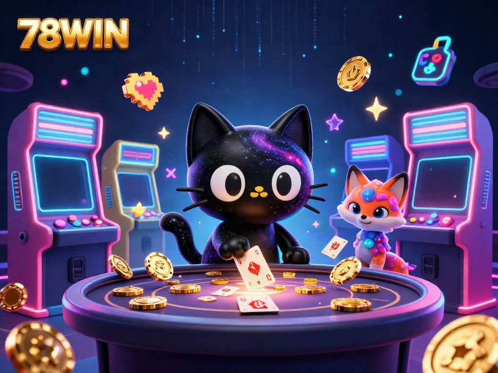 Experience the thrill of 78WIN with cosmic fun as a black hole cat draws in gold chips at a vibrant casino!