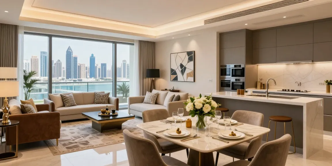 Managed hosting for Dubai listings showcased in an elegant modern Airbnb living room with city skyline views.
