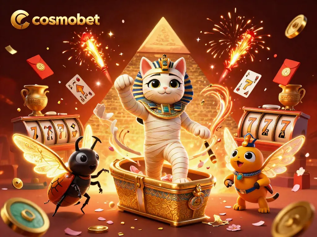 Experience the excitement of Cosmobet's animated casino with vibrant Egyptian-themed characters and elements.
