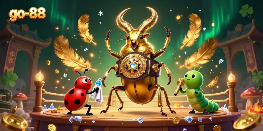 Engage with the vibrant atmosphere of go-88, featuring a golden stag beetle champion and dynamic casino elements.