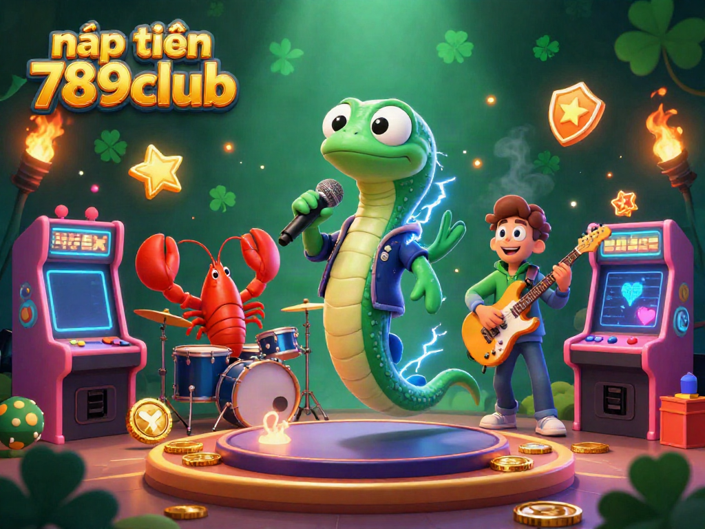 Engage with nạp tiền 789club in this vibrant underwater casino scene featuring a lively DJ electric eel and interactive arcade elements.