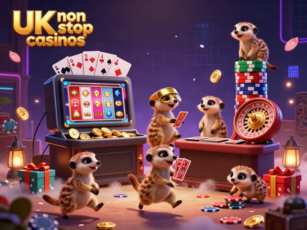 Engaging illustration of a colony of meerkats managing UK non gamstop casinos, featuring a fun casino scene.