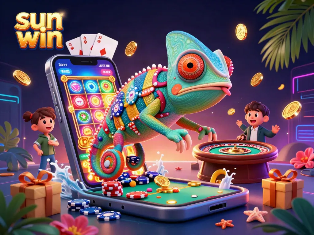 Engaging gameplay at sun win with a vibrant casino atmosphere, showcasing colorful slots and lively chameleon owner.