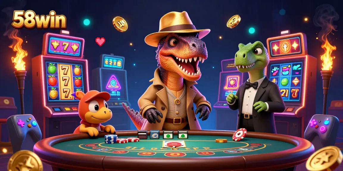 Experience the thrill of 58win as a cartoon velociraptor plays blackjack in a vibrant casino scene.