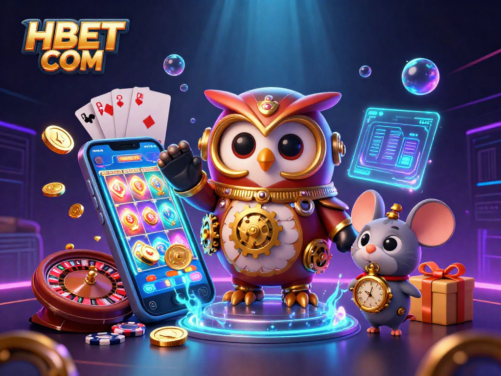 Engage with HBET COM in this vibrant casino world illustration featuring a time-traveling owl and gaming elements.