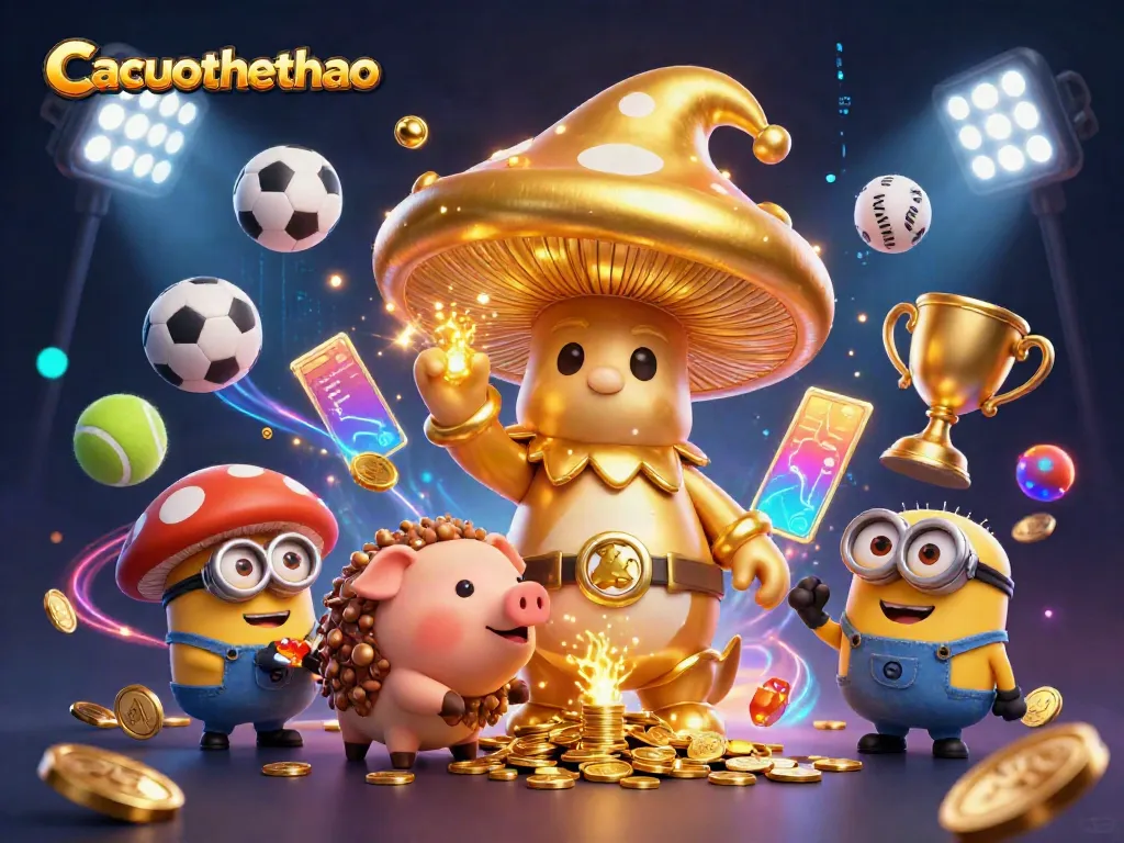 Cacuocthethao showcases a dynamic 3D illustration of magical characters and sports elements in a vibrant scene.
