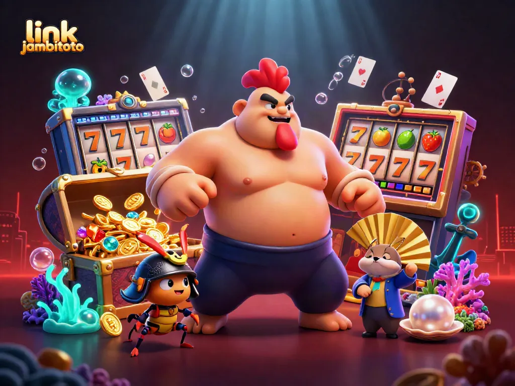 Engage with link jambitoto as powerful characters celebrate jackpot wins amid vibrant casino elements.