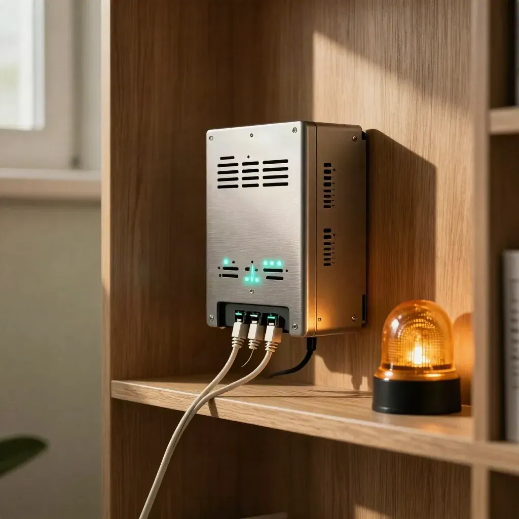 Wall-mounted network monitor with glowing LEDs, fibre tails and alert beacon on a warm shelf.