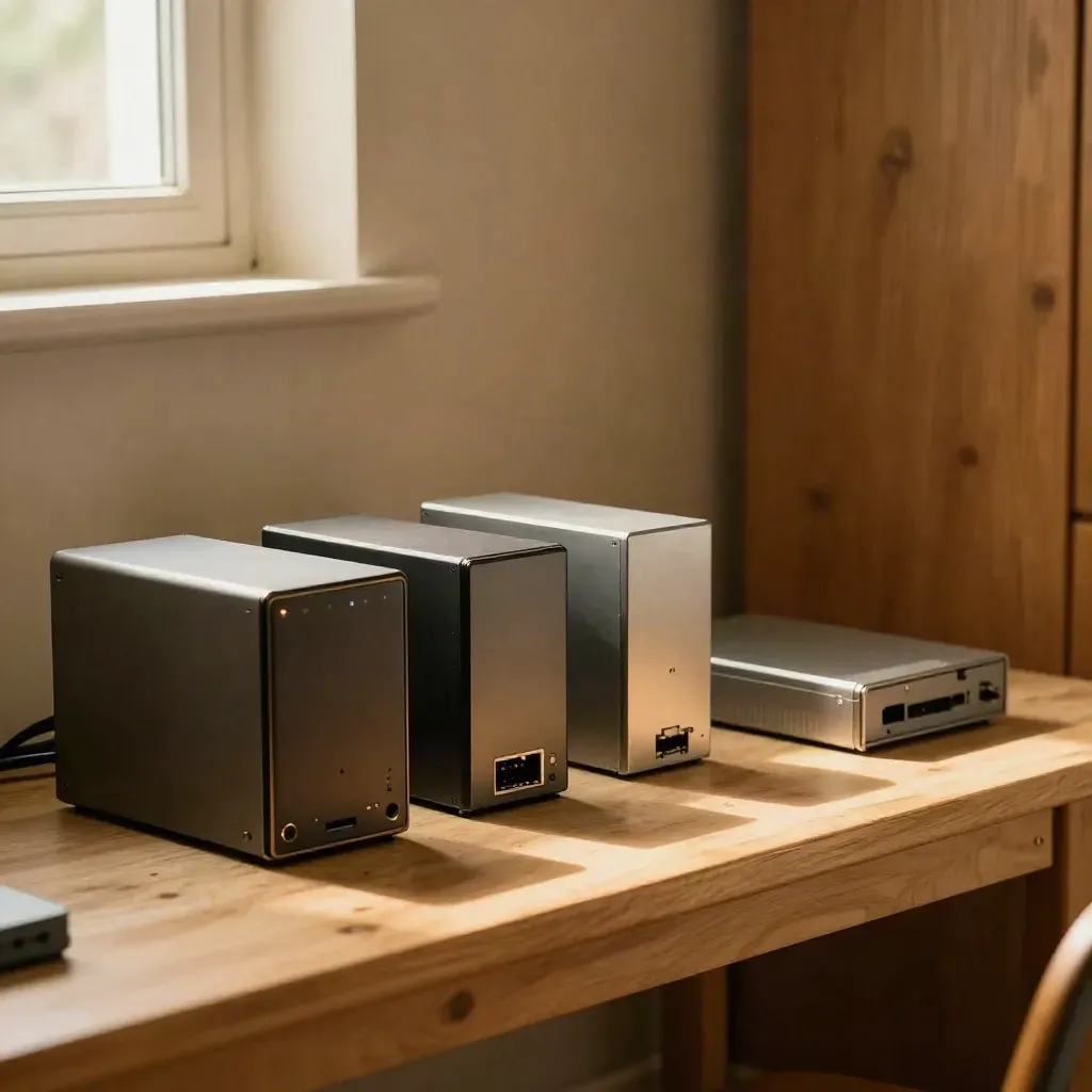Endpoint devices with exposed ports and glowing scan box on a warm wood bench.