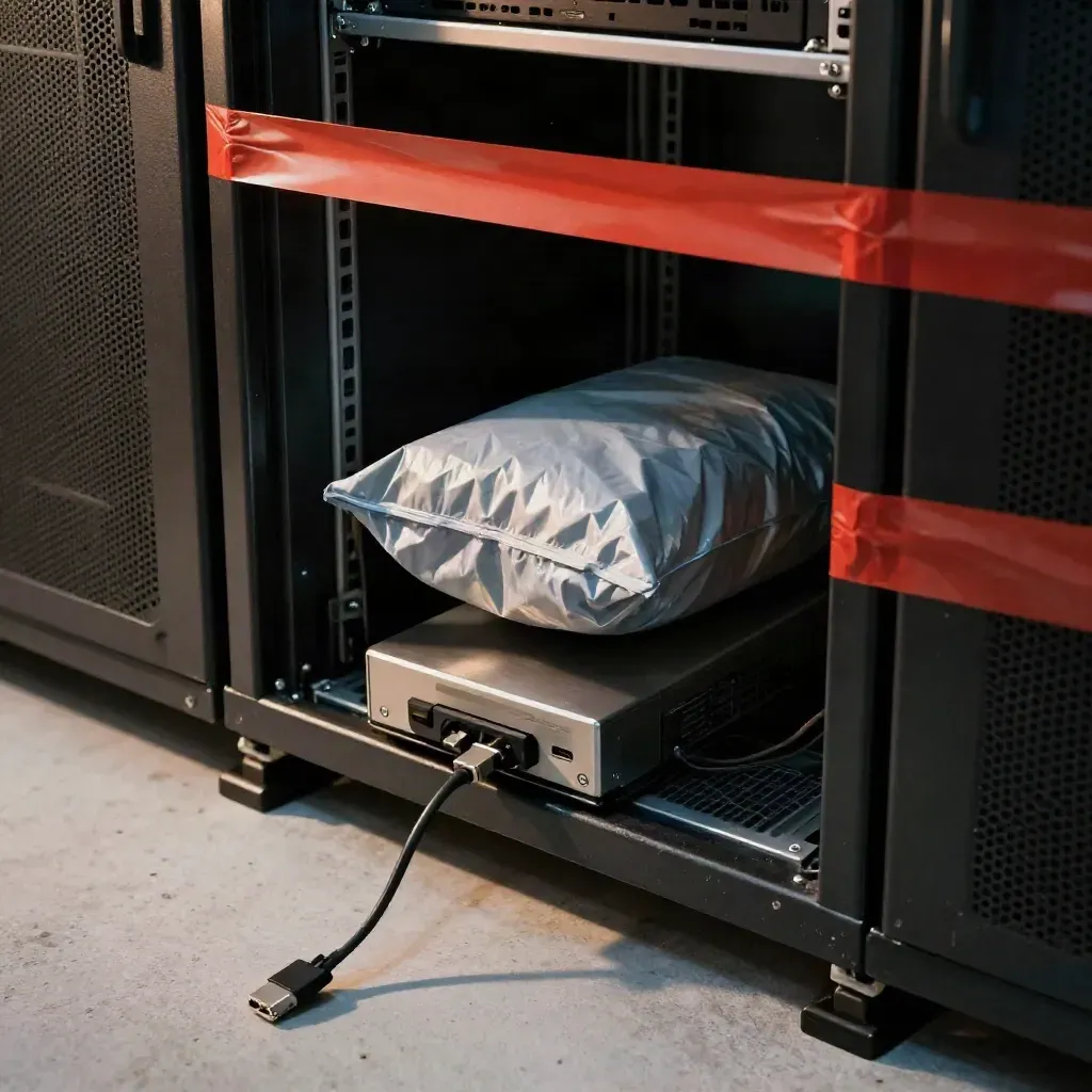 Quarantined server shelf with evidence tape, anti-static drive bag, write-blocker dock and a dangling patch lead.