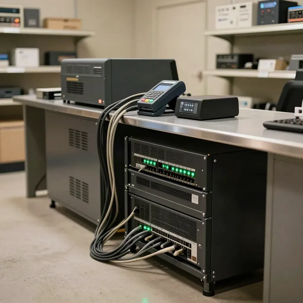 Retail network cabinet with failover router, payment dock, and backup power glowing green in a utility room