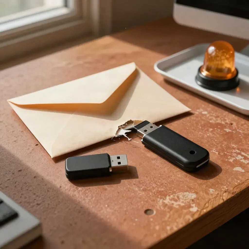 Phishing training props on warm stone: torn envelope, USB stick, white alert beacon.