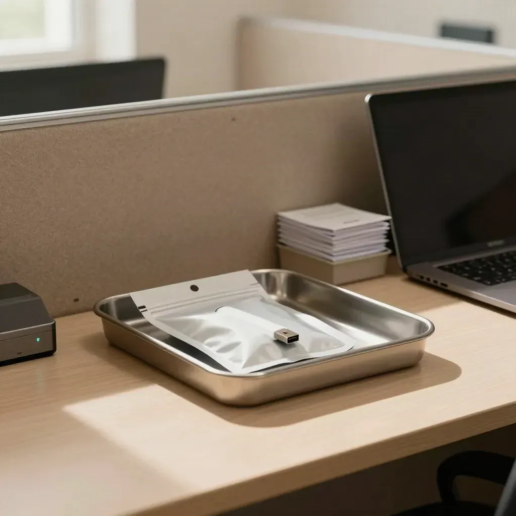 Locked quarantine tray, rejected USB lure, and closed laptop on a sunlit wood counter.