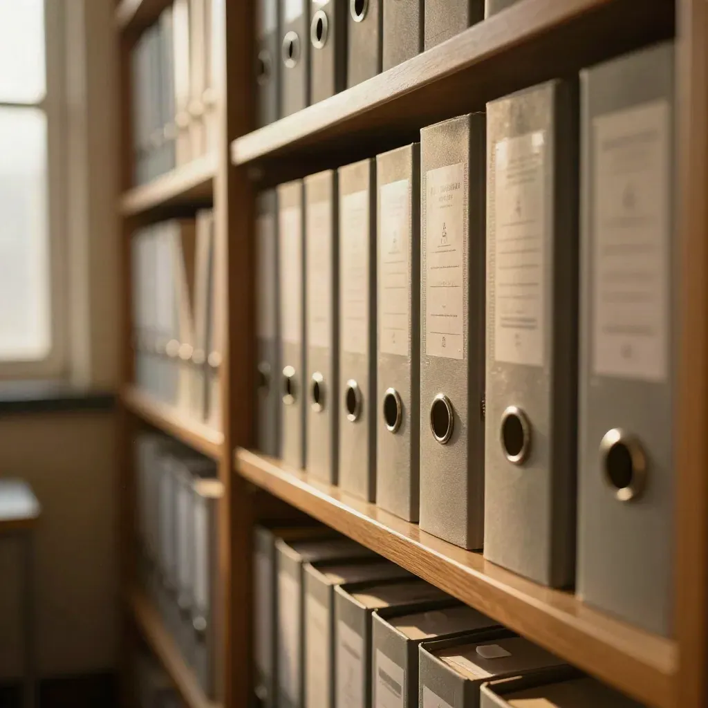 Macro of a locked archive shelf with sealed binders and tidy compliance boxes.