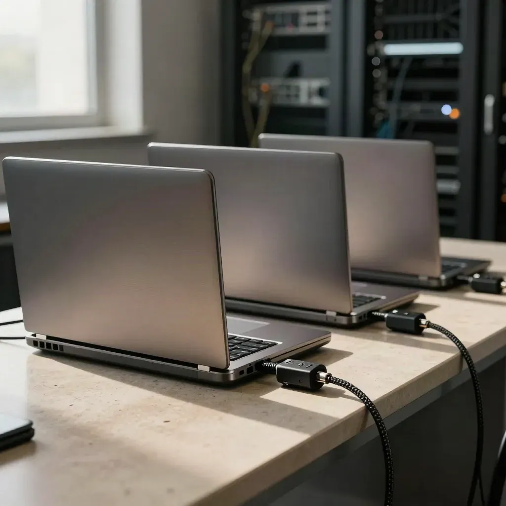 Three locked corporate laptops in a secure charging bay, cable locks and hardware keys in place.