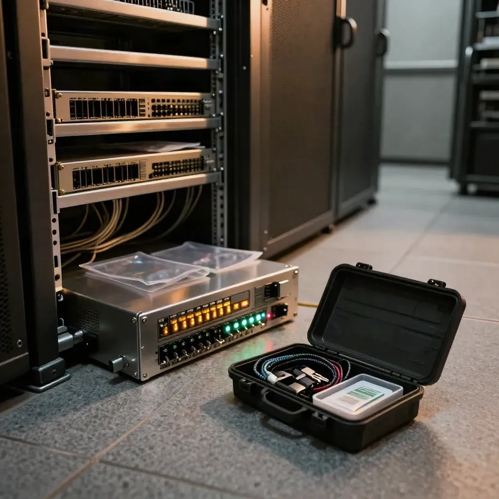 Server rack with restored switch, backup drives, and emergency access kit in warm haze.