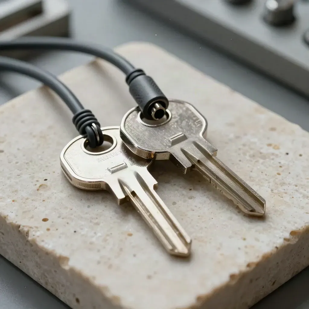 Macro still life of hardware keys, braided cable and token ring on travertine stone.