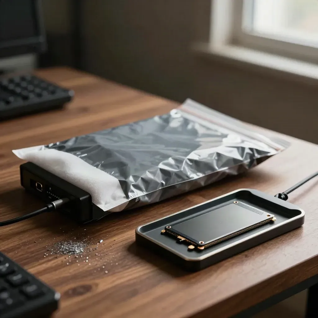 Anti-static evidence bag, write-blocker dock and recovered SSD on a walnut forensic bench.