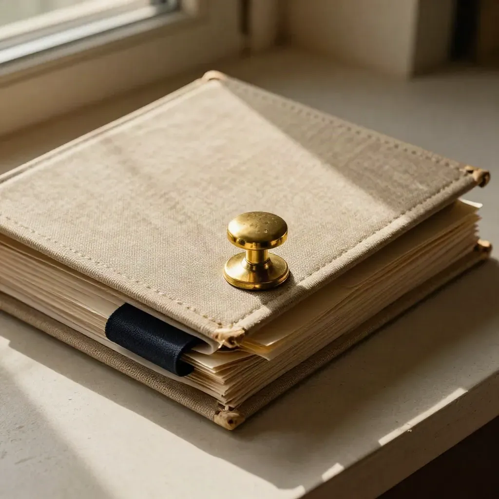 Linen policy binder with brass seal and archival tabs on warm plaster.