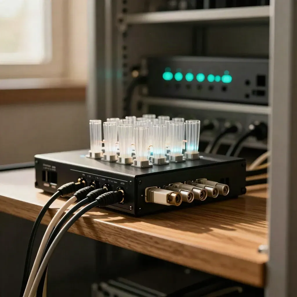 Compact cyber monitoring LEDs, fibre patch ends and a black console block on an oak rack shelf