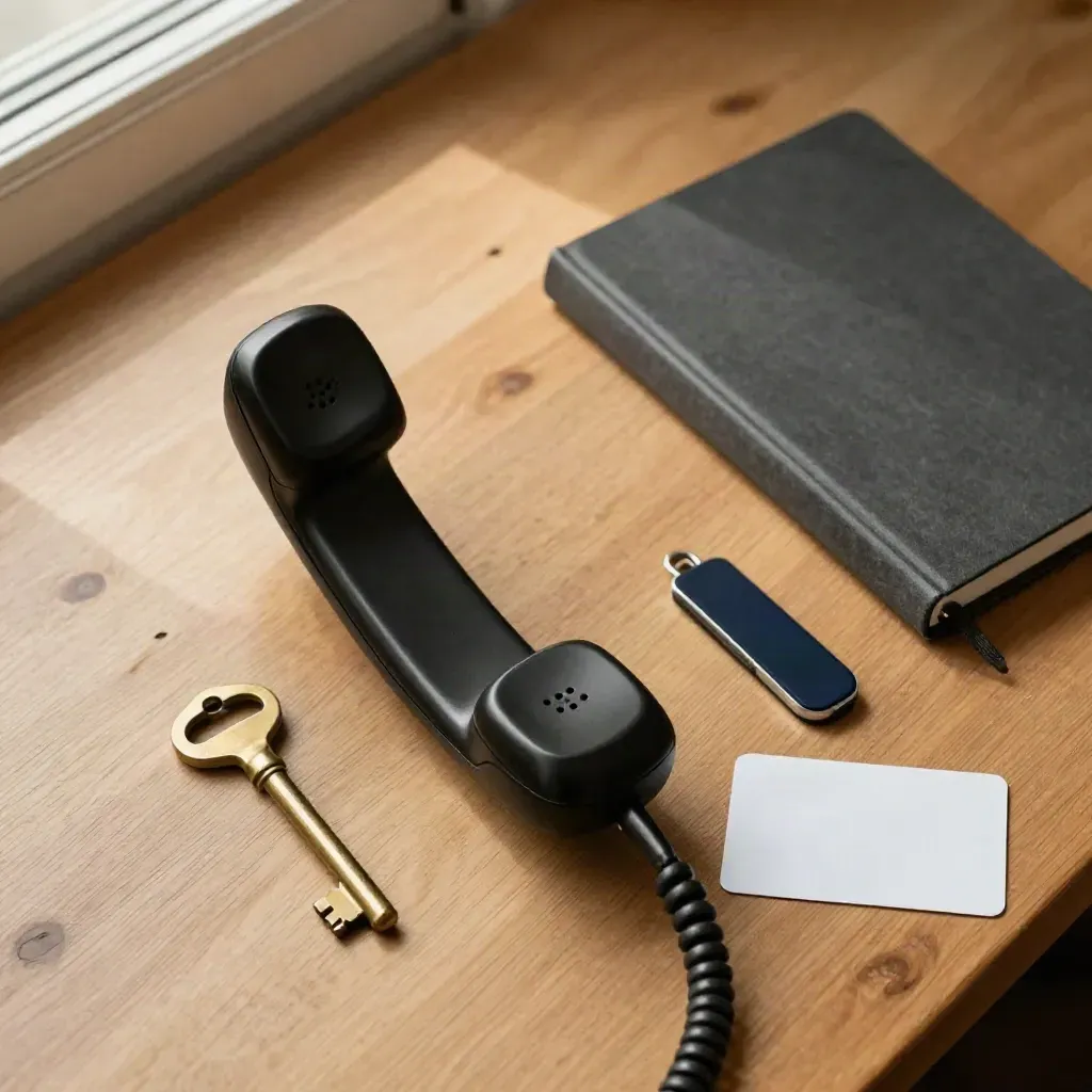 Top-down still-life of a handset, notebook, key and access fob on warm oak