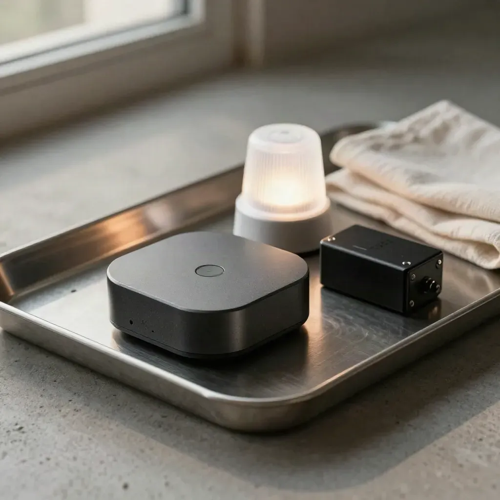 Monitoring sensor, beacon and battery on brushed metal tray with linen cloth.