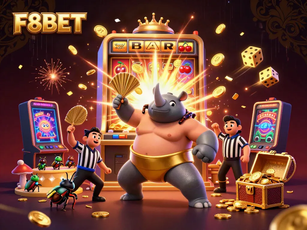 F8BET showcases a thrilling casino scene with dynamic characters celebrating a jackpot.
