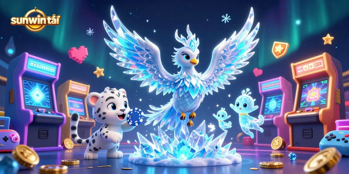 Experience excitement with sunwin tải where an ice phoenix and snow leopard cub celebrate wins in a vivid casino scene.