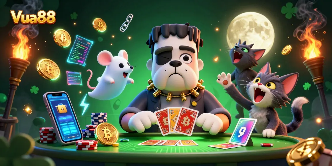 Engage in thrilling gaming at Vua88 with a unique illustration featuring a Frankenstein bulldog dealer and vibrant crypto elements.
