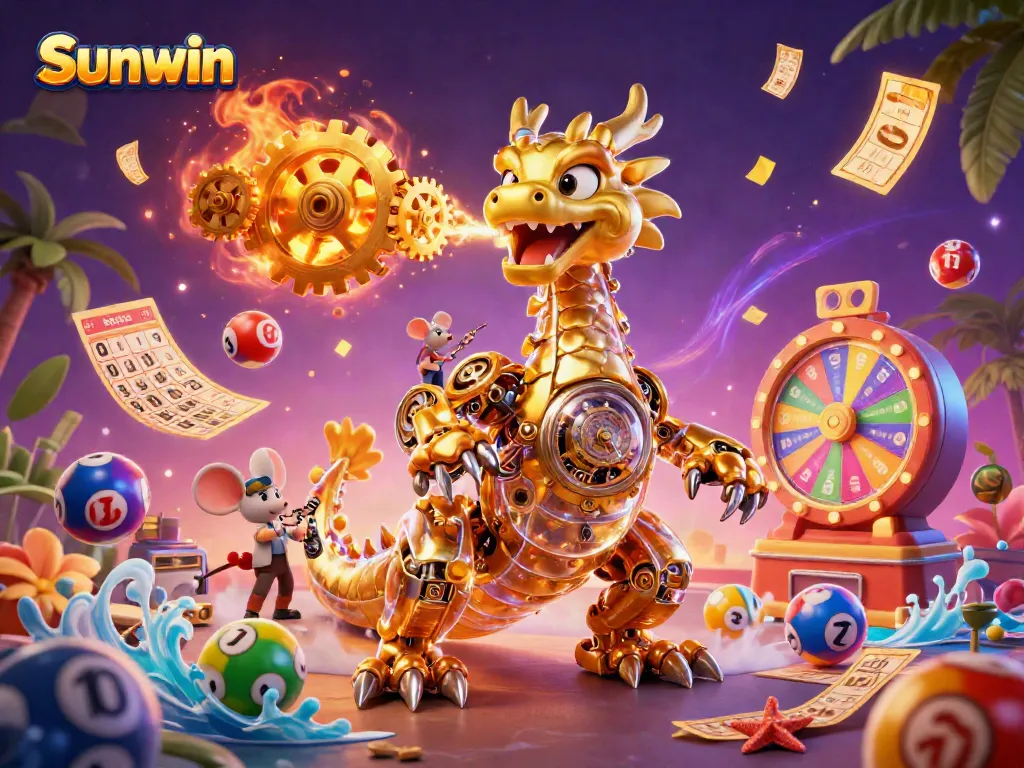 Engage in thrilling gaming action with Sunwin, illustrated with a vibrant dragon and dynamic casino elements.