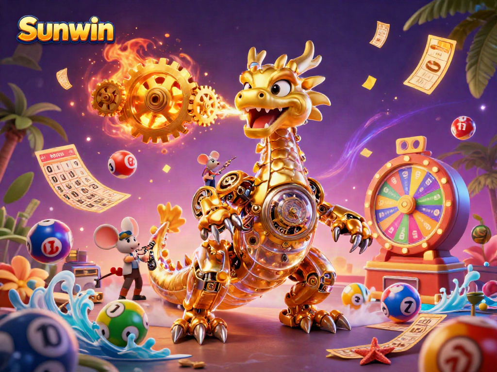 Engage in thrilling gaming action with Sunwin, illustrated with a vibrant dragon and dynamic casino elements.