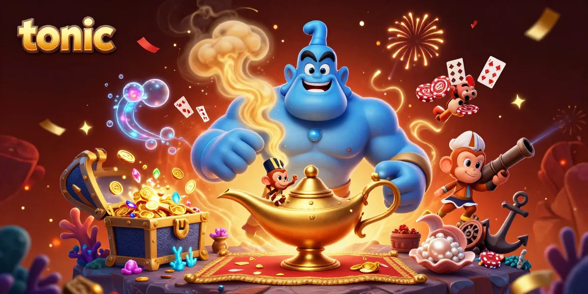 Tonic casino action scene with a playful genie, monkey, and poker chips amidst gold and lively cards.