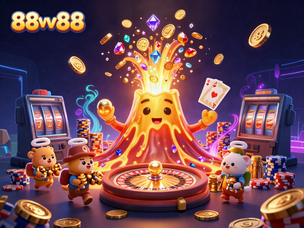 Experience the thrilling 88vv88 casino adventure with a golden volcano erupting treasures.