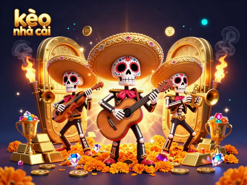 Experience kèo nhà cái with vibrant skeleton mariachi band amidst treasures and gems.