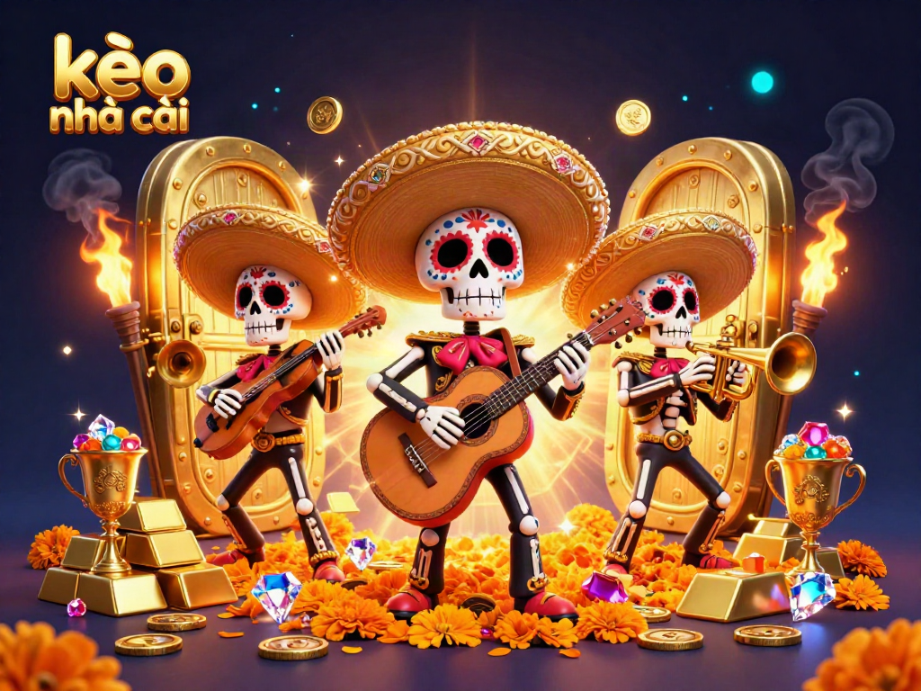 Experience kèo nhà cái with vibrant skeleton mariachi band amidst treasures and gems.