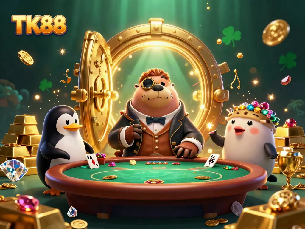 Experience thrilling poker action at TK88 with a jolly walrus, penguin dealer, and a bluffing pufferfish in a rich, immersive underwater scene.