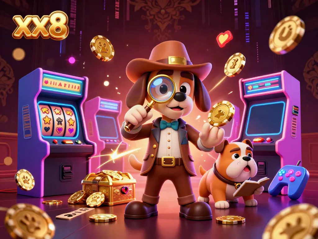 Immerse in xx8's gaming adventure featuring a bloodhound detective solving a poker mystery amidst vibrant slot elements.