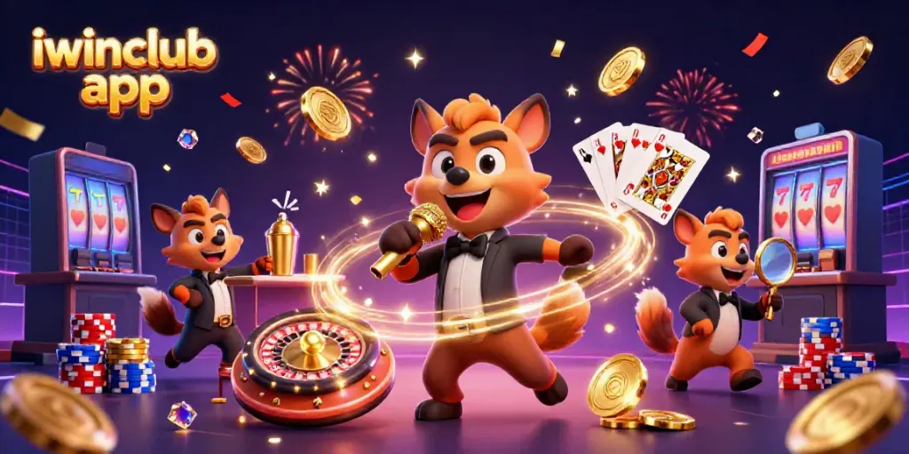 Experience the fun with the iwinclub app at a lively cartoon casino, featuring hyenas and exciting game elements!