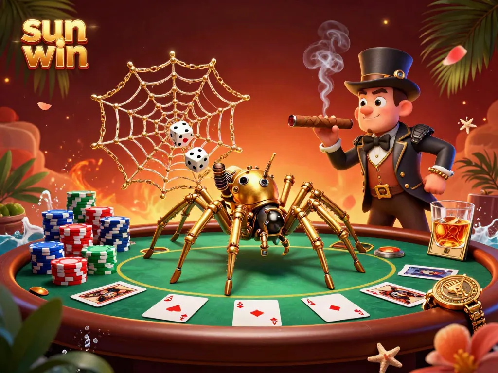 Experience thrilling games with sun win at a vibrant casino scene featuring a golden spider and delightful elements.