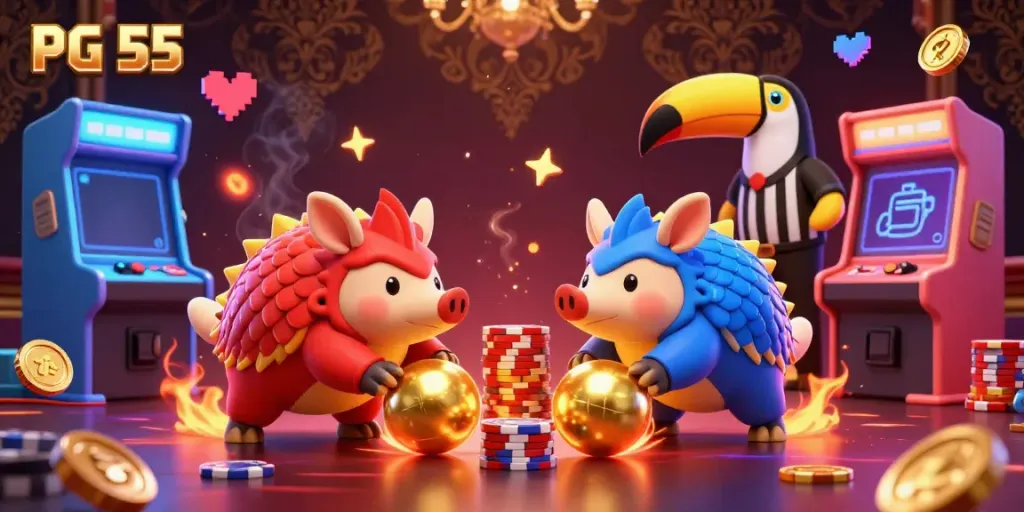 Rival pangolins compete in PG 55 casino-themed bowling while surrounded by vibrant gaming elements.
