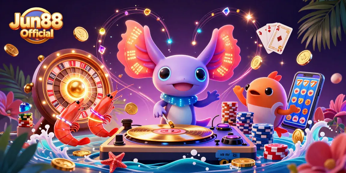 Engage with Jun88 Official as a vibrant casino illustration captures a lively underwater scene with a DJ and party atmosphere.
