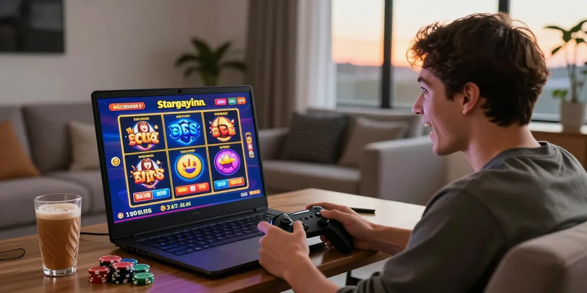 Engaged player enjoying bonus buy slots at https://stargazyinn.co.uk in a cozy living room with colorful slot graphics.