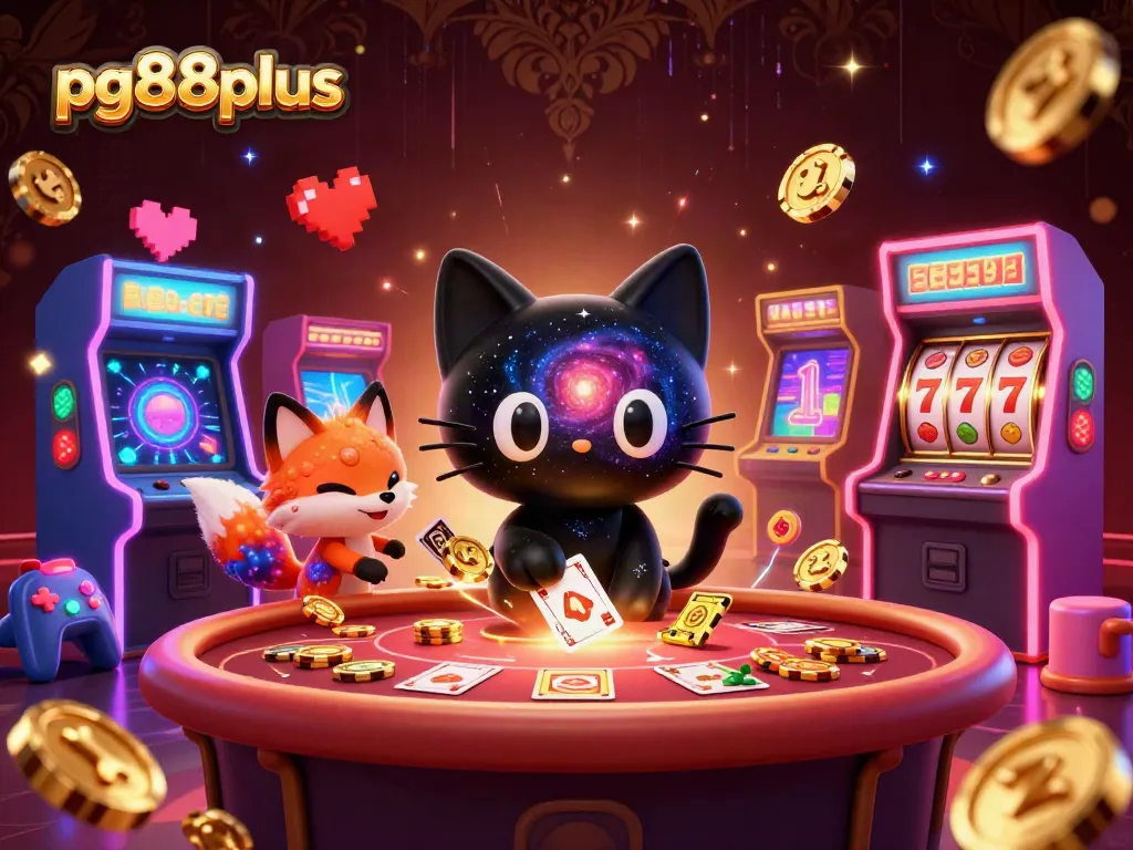 Engage with pg88plus at a vibrant cosmic casino featuring a black hole cat and colorful fox.