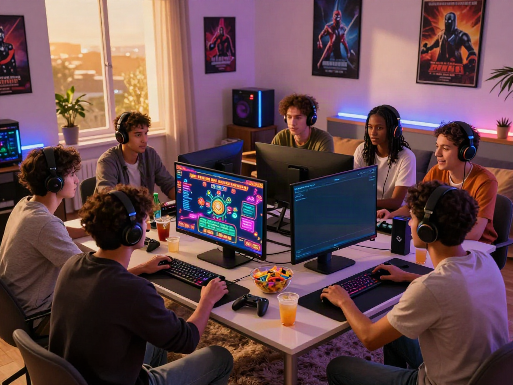 Group playing online gaming not on gamstop in a lively living room