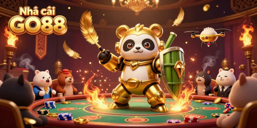 Experience immersive gaming with Nhà cái GO88 in a vibrant, animated casino scene.