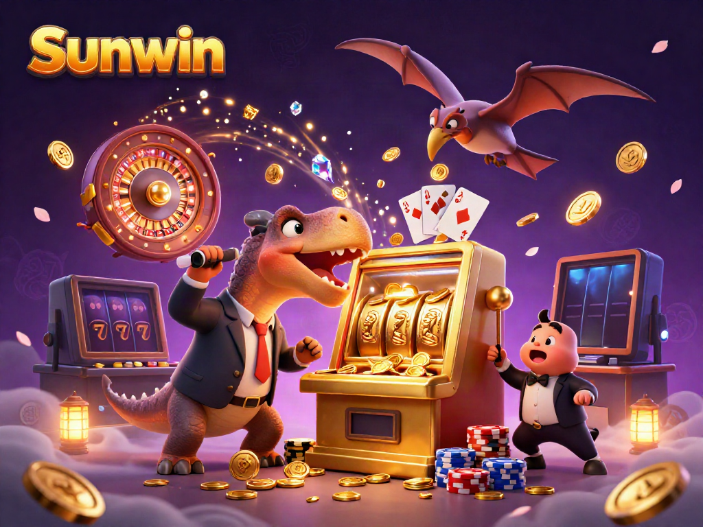 Sunwin casino event with vibrant characters and dynamic game elements celebrating a jackpot