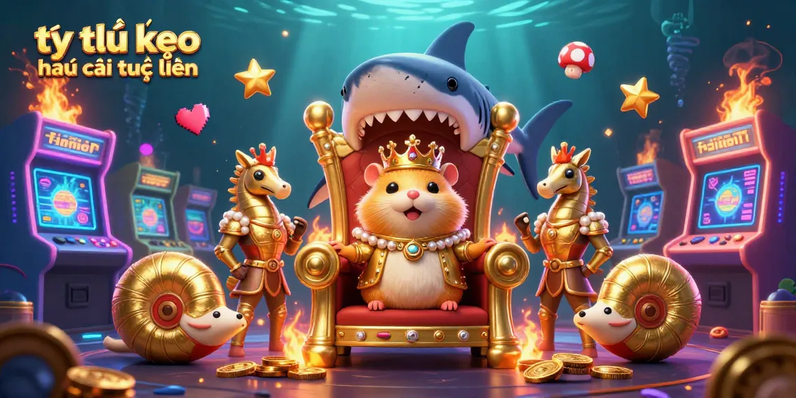 Experience tỷ lệ kèo nhà cái trực tuyến with a dynamic 3D scene of a hamster king on a shark throne, surrounded by casino elements.