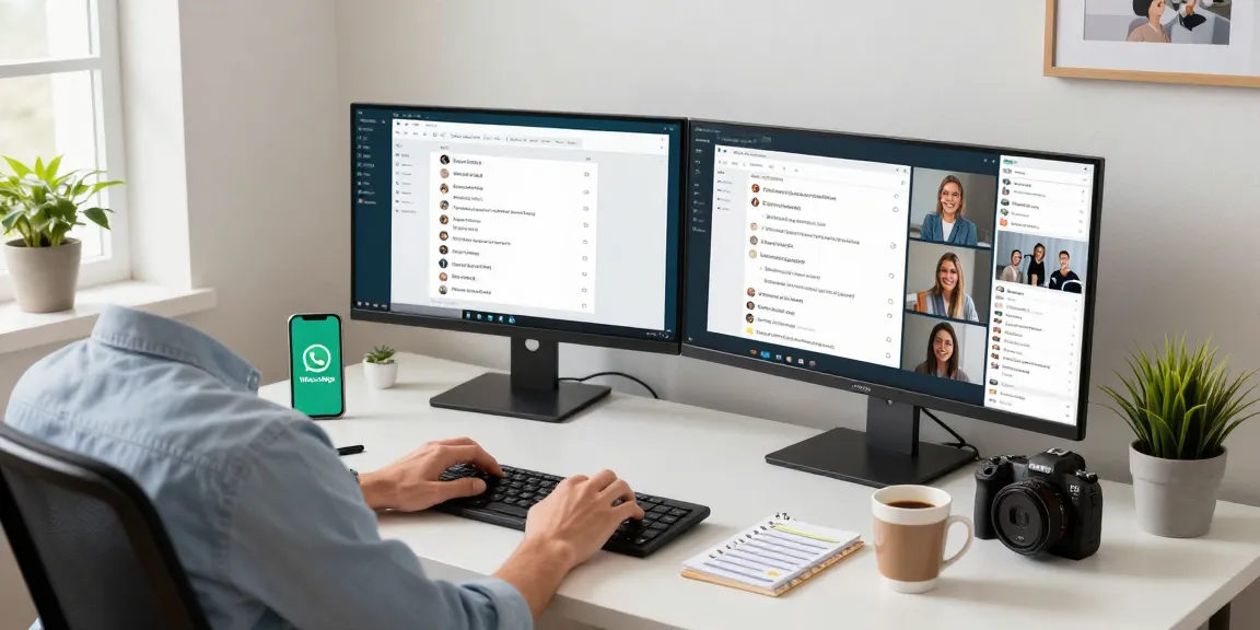 Person using WhatsApp電腦版 on a stylish home office desk with multiple screens and coffee.
