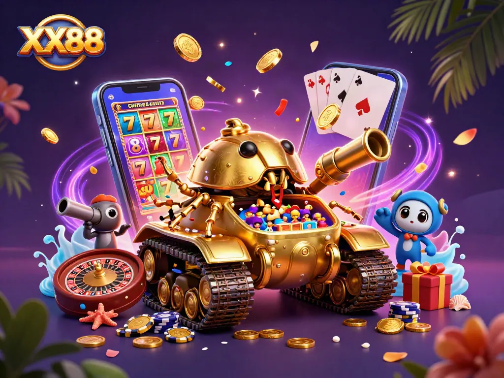 Play exciting casino games with XX88: vibrant 3D illustration of a golden beetle tank showcasing mini casino fun.