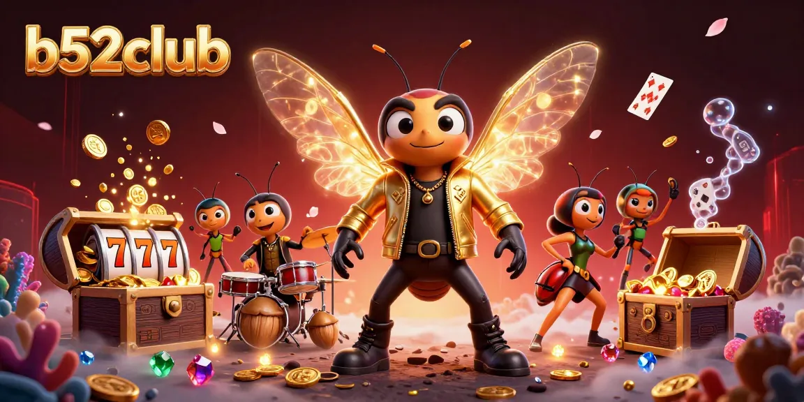 Engage with the vibrant casino world of b52club featuring a rock star cicada, thrilling slot elements, and winning moments.
